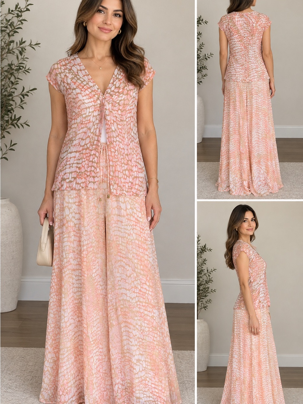Women's Peach Printed Wide-Leg Jumpsuit